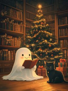 a ghost reading a book next to a black cat in front of a christmas tree