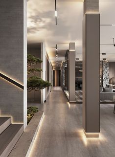 a long hallway leading to a living room and dining area with potted trees on either side