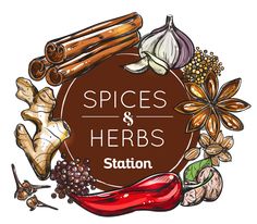 spices and herbs on a white background with the words spice & herbs station written below