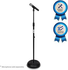 a microphone on top of a stand with two blue ribbons around it and the words easy