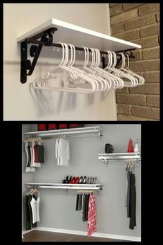 there are two pictures of the same closet with clothes hanging on hooks, and an open shelf