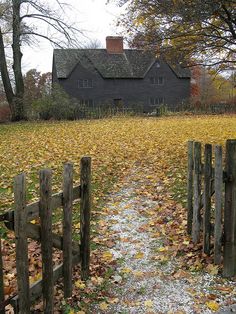 an old house in the fall with leaves on the ground and a path leading to it