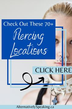 A blonde woman with her hair pulled back, wearing a black tank top, white spiked collar, black cross necklace and a variety of different facial piercings. Text states 'check out these 70+ piercing locations'. Ear Piercing Locations, Next Piercing, Different Piercing