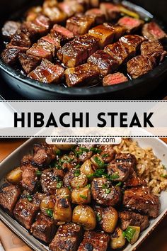 there are two different types of food on the table with words above it that read hibachi steak