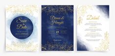 an elegant wedding card with gold foil and blue watercolor paint on the front, back and