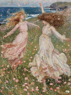 two women are walking through a field with flowers