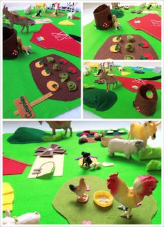 several pictures of farm animals and trees on green felt with paper cut outs to make them look like they are playing in the grass