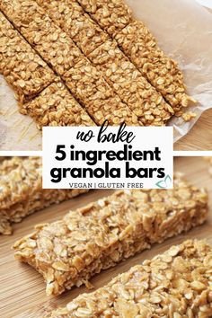 Vegan five ingredeitn granola bars cut into snackable sizes, overlay text "No bake 5 ingredient granola bars, vegan and gluten free." Peanut Butter Granola Bar Recipe, Bake Granola Bars, Vegan Granola Bars, No Bake Granola, Easy Granola Bars, Granola Bar Recipe, No Bake Granola Bars, Healthy Granola Bars, Chewy Granola Bars