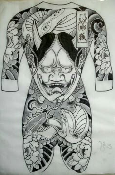 a drawing of a person with tattoos on their body