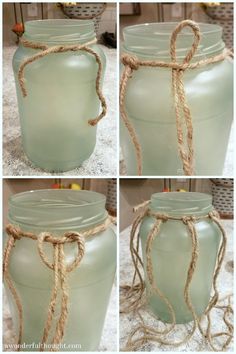 four pictures of green glass jars with rope wrapped around the top and bottom one is empty