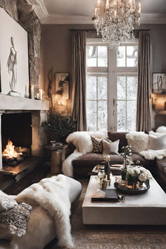 a living room filled with furniture and a fire place in front of a large window