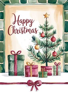 a christmas card with presents under a tree