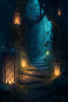 an entrance to a dark forest with lanterns