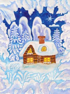 a painting of a cabin in the snow with trees and snowflakes on it