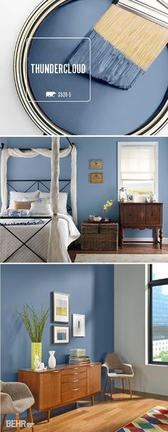 blue and white bedroom with wooden furniture, rugs and pictures on the wall above it