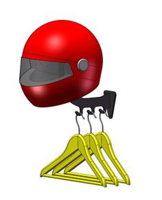 a red helmet and yellow clothes hangers on a white background with clippings