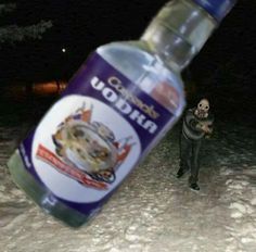 a bottle of vodka sitting on top of a snow covered ground next to a person