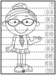 a girl with glasses and a tie is standing in front of the numbers to 10