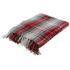 a red and grey plaid blanket on a white background