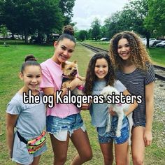 three girls are posing for the camera with their dog and text that reads, the og kaloggas sisters