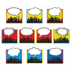 pop art speech bubbles with cityscape in the background