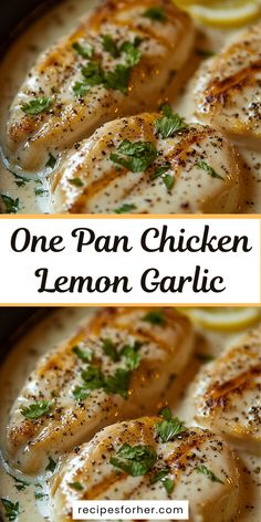 one pan chicken lemon garlic recipe in a cast iron skillet with text overlay that reads, one pan chicken lemon garlic