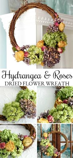 hydrangea and roses dried flower wreaths are displayed in different stages of creation