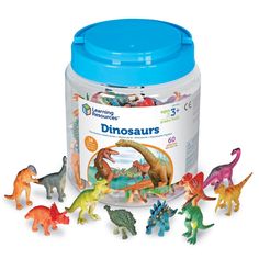 dinosaurs in a plastic container with blue lid