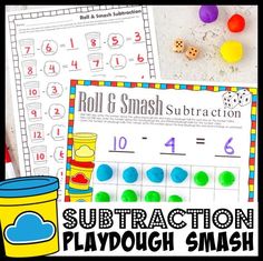 the subtraction playdough smash game is ready to be played with kids