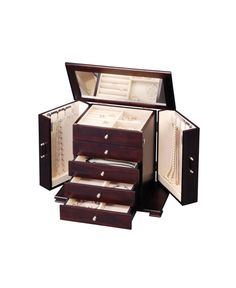 an open wooden jewelry box with three drawers