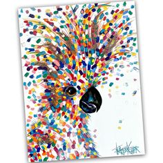 a colorful bird with feathers on it's head is featured in an art project