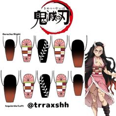 Anime Nails Art Demon Slayer, Nezuko Themed Nails, Anime Nail Designs Demon Slayer, Demon Slayer Nail Art Nezuko, Anime Nails Art Ideas, Muichiro Inspired Nails, Demon Slayer Nails Tanjiro, Demon Slayer Acrylic Nails, Disney Nail Designs Acrylic Disneyland