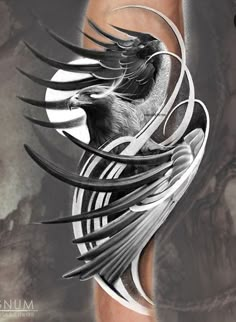 an artistic drawing of a black and white bird on someone's arm with the moon in the background