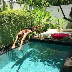 a person diving into a pool in the middle of a backyard area with plants and trees