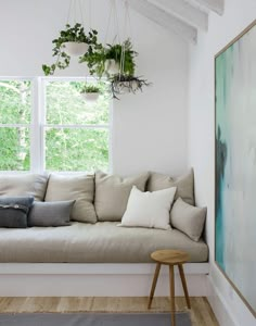 a couch with pillows and plants hanging from the ceiling