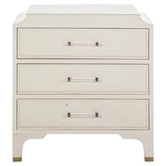 a white dresser with three drawers and two pulls on the bottom drawer, against a white background