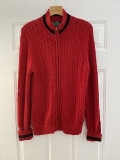 Ralph Lauren L-RL Lauren Active Red Cable Knit Zip Front Sweater - Size L 100% cotton - great for fall, winter or spring - very comfortable! Excellent pre-owned condition with no defects or stains From a smoke-free home Casual Red Outerwear With Ribbed Collar, Fitted Casual Cardigan With Ribbed Collar, Red Knit Outerwear For Cold Weather, Red Knitted Outerwear For Spring, Casual Red Stretch Outerwear, Red Winter Outerwear With Ribbed Collar, Red Knit Outerwear For Spring, Classic Red Sweater For Fall, Red Sweater With Ribbed Collar For Fall