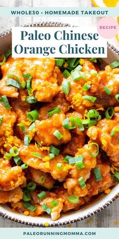 a bowl filled with orange chicken and topped with green onions