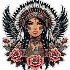 a native american girl with roses and feathers on her head is shown in this tattoo design