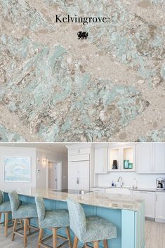 the kitchen countertop is covered in blue and white marble, while the bar stools are