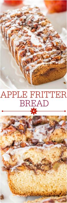 an apple fritter bread with icing and cinnamon swirl on top is shown