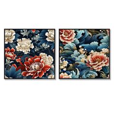 two paintings with flowers on them in blue, red and white colors are hanging on the wall