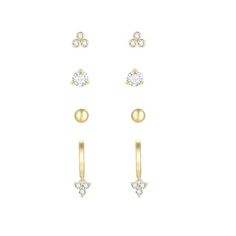 This Brilliance Fine Jewelry earring set will make a great addition to anyone's jewelry collection. The set includes three stud earrings featuring simulated diamonds and a classic ball post stud. The final pair is a 'C' hoop post accented with a simulated diamond to add that touch of sparkle. Simualted diamond studs measure 4mm and ball stud earrings also measure 4mm.  Wear them individually or layer them up to create that trendy ear party look. Size: one size. Color: Gold. Gender: female. Age G Ball Stud Earrings, Ear Party, Diamond Earring, Jewelry Earring, Party Look, Fine Jewellery Earrings, Party Looks, 14kt Gold, Gold Plated Sterling Silver