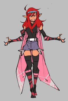 a drawing of a female character with red hair and black boots, holding her arms out