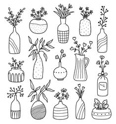 a bunch of vases with flowers and plants in them are drawn by hand on a white background