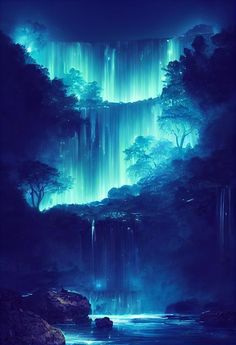 an image of a waterfall with green lights in the sky and water flowing down it