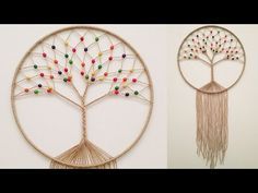 two pictures of different types of wall hangings with beaded trees and beads on them