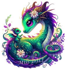 a green and purple dragon with flowers on it's head is sitting next to a baby