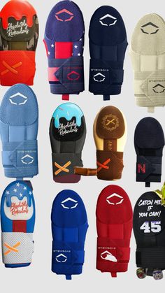 an assortment of different types of hockey gloves