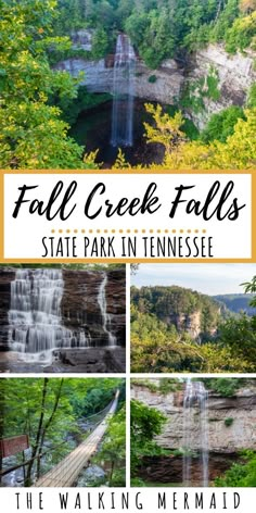 fall creek falls state park in tennessee with text overlay that reads, fall creek falls state park in tennessee